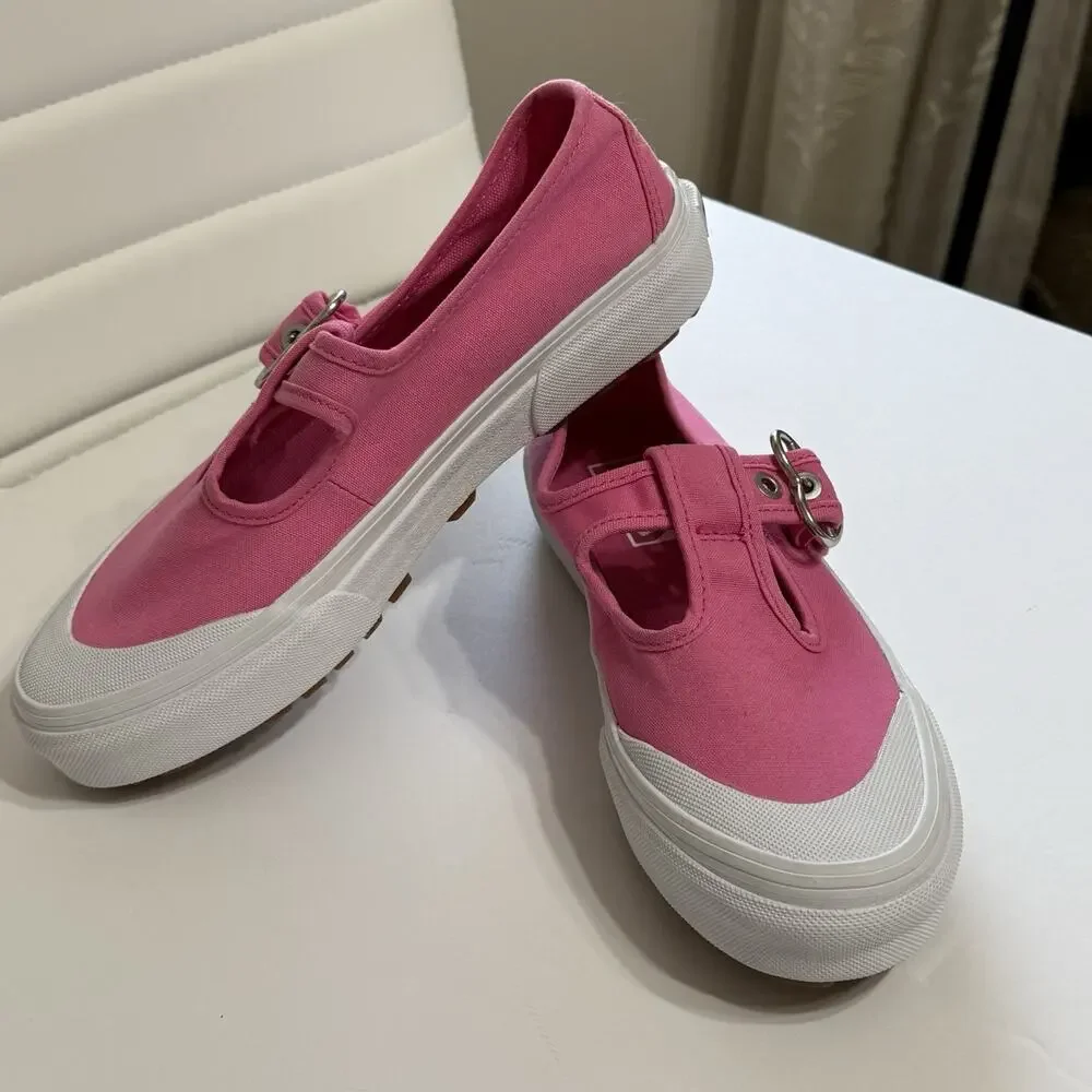 VANS T Strap Heart Buckle Canvas Sneakers Women’s 6.5 Pink White Mary Jane EUC - Picture 3 of 10